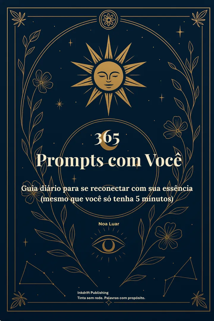 Capa de 365 Prompts com Você: ilustração dourada sobre azul-noite com o título ao centro.