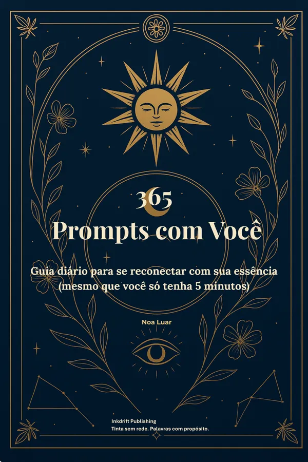 Capa de 365 Prompts com Você: ilustração dourada sobre azul-noite com o título ao centro.