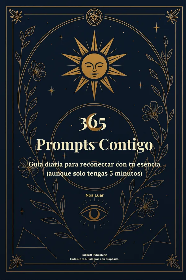 Cubierta de 365 Prompts Contigo: ilustración dorada sobre azul noche con el título al centro.